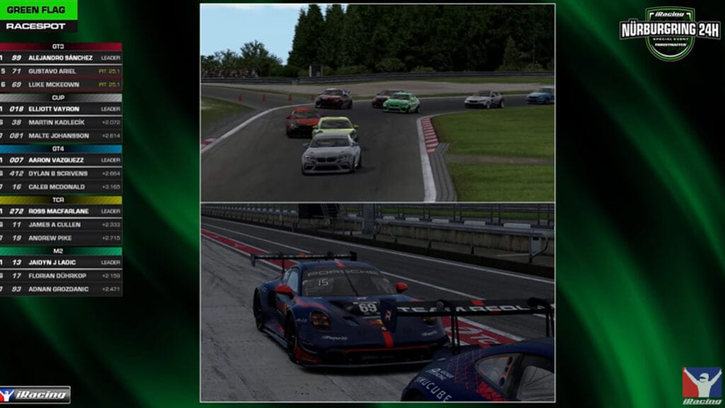 A side-by-side showing two camera shots from the iRacing Nurburgring 24 Hour official broadcast. The top split shows a bunch of BMW M235Is going through the Grand Prix section of the course, with the bottom showing a pair of Team Redline GT3 machines stationary in the pit lane.
