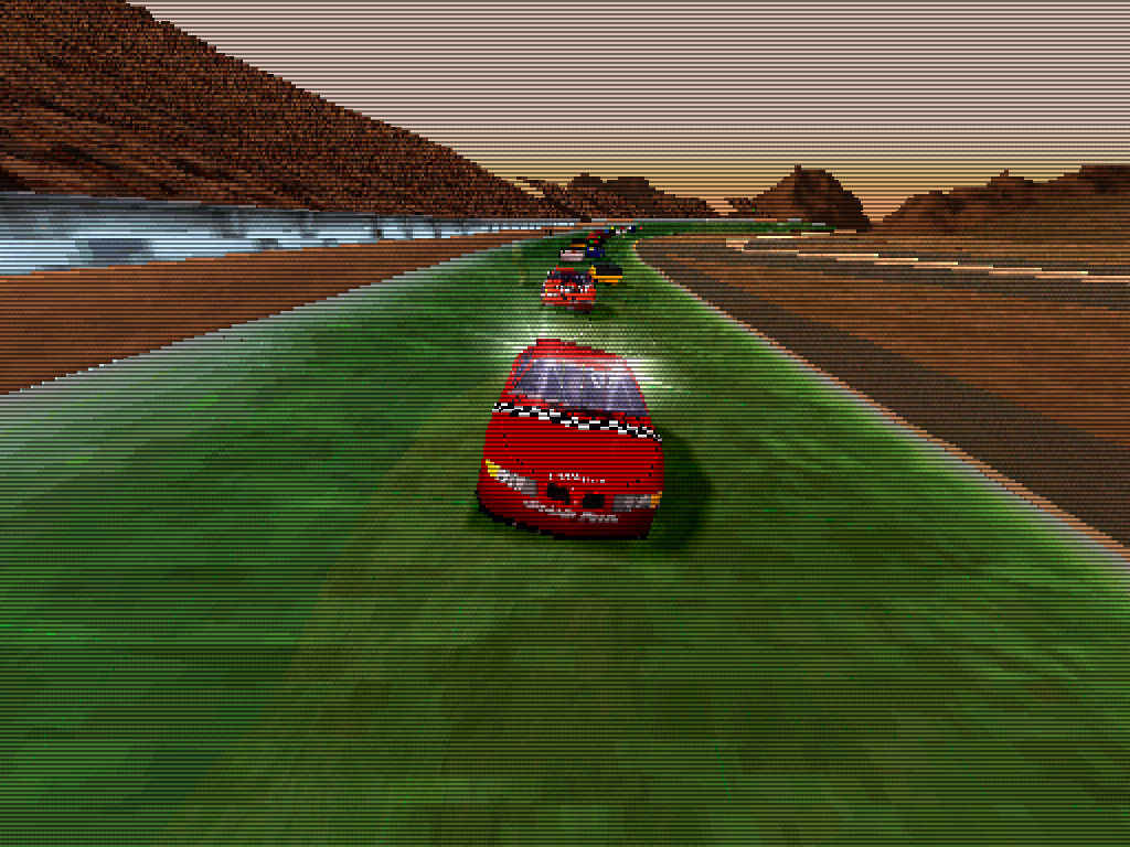 The red with black and white chequerboard Pontiac Grand Prix pace car is pacing the field before the start of a race at the 4th From The Sun Speedway on Mars.