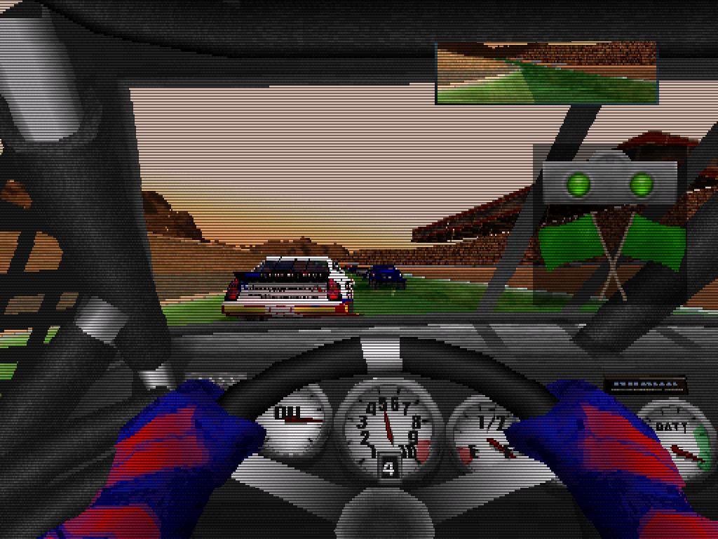Another POV shot behind the wheel of a NASCAR stock car at the 4th from The Sun Speedway, this time at the back of the field as a race begins.