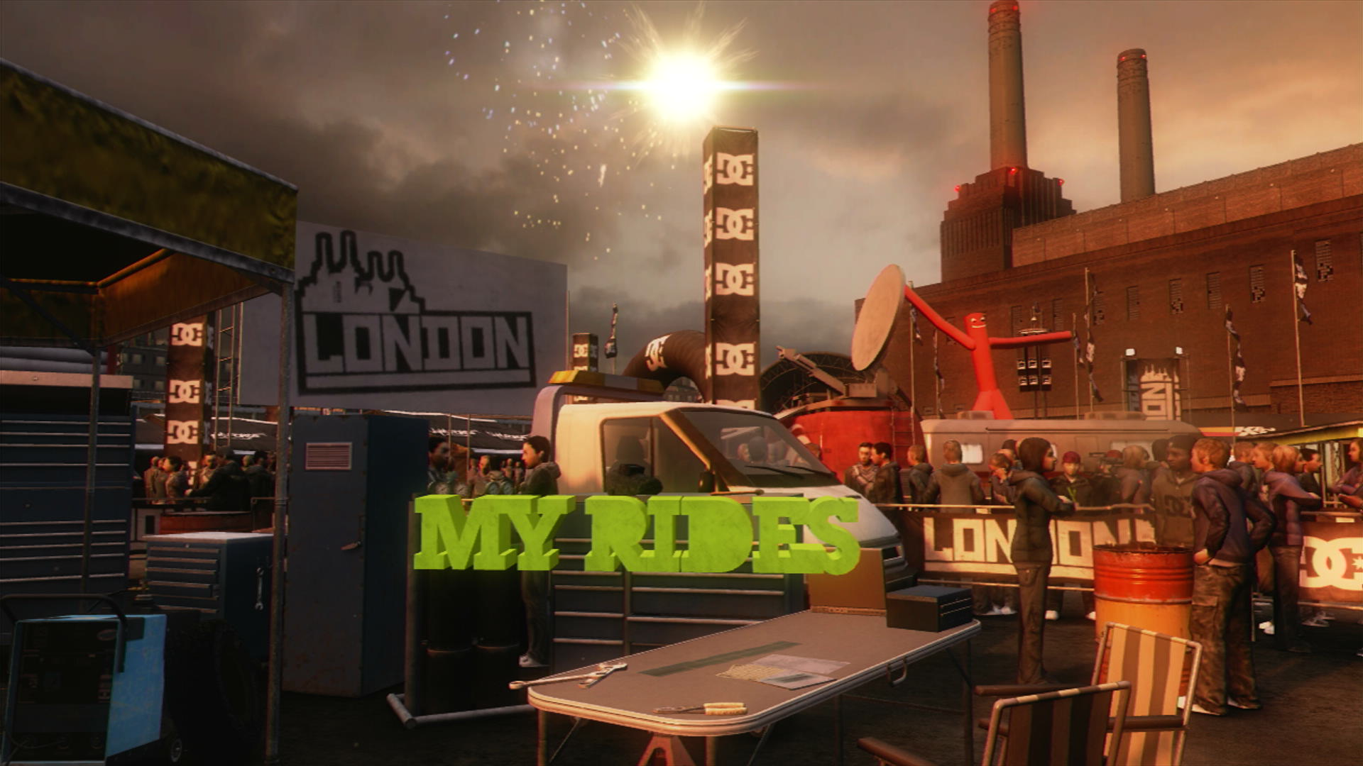 Outside in the main menu for DiRT 2, with it currently in the Battersea industrial area of London