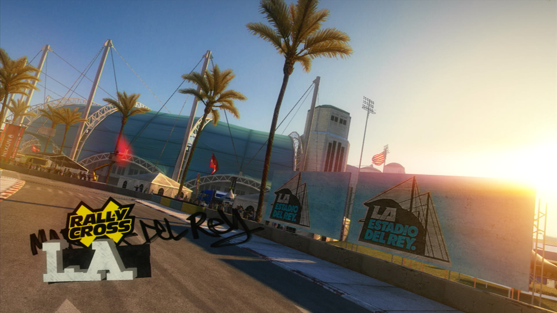 The spalsh screen welcoming you to the LA rallycross environment in DiRT 2, showing off the big stadium the start of the races take place in.