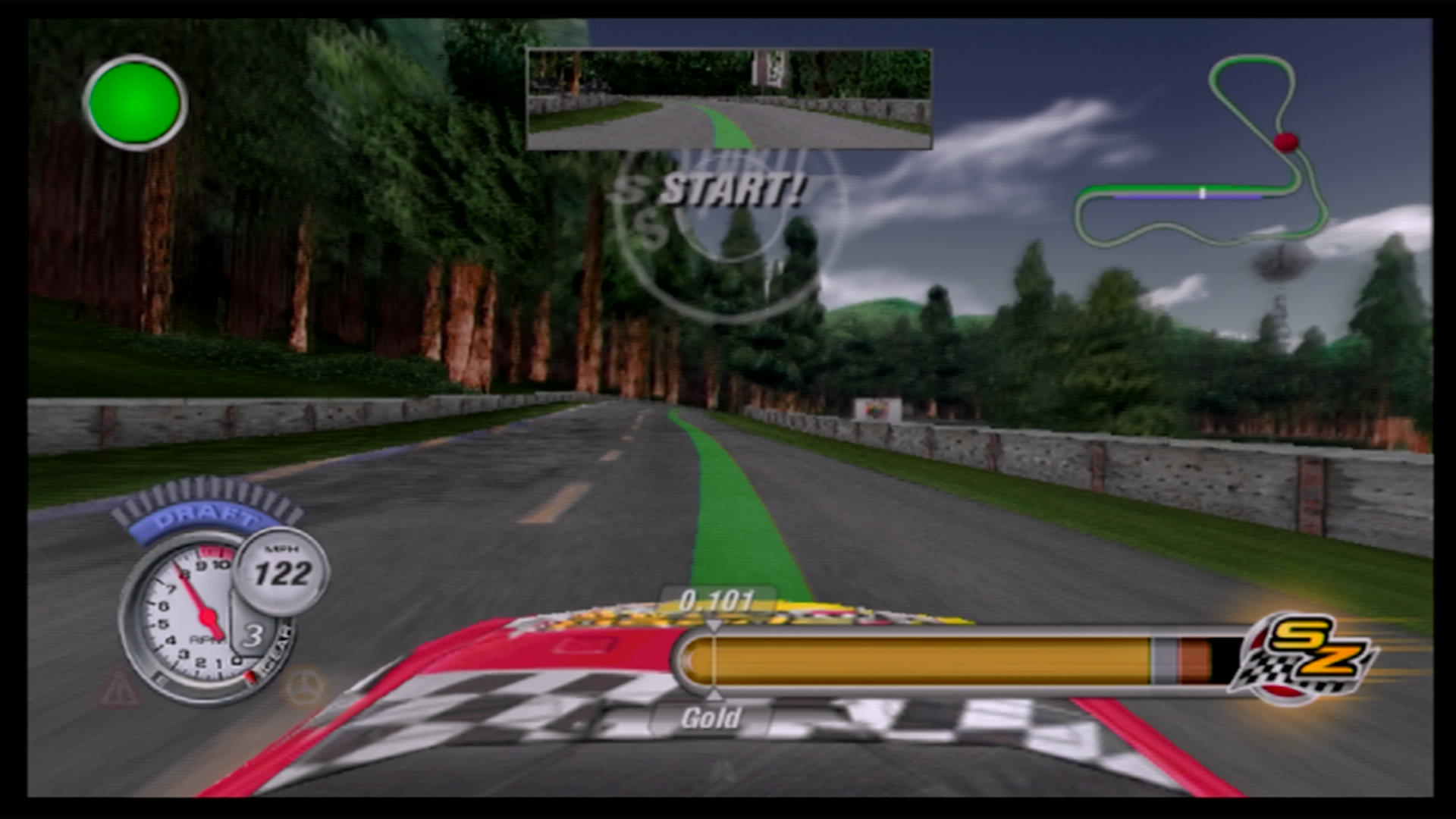 The beginning of a SpeedZone challenge in NASCAR Thunder 2004, being a time trial event at a fictional forested track. There is a bar on the bottom of the screen showing the completion rate, with it moving from left to right as time passes. It goes from gold, to silver, to bronze the longer the event takes.