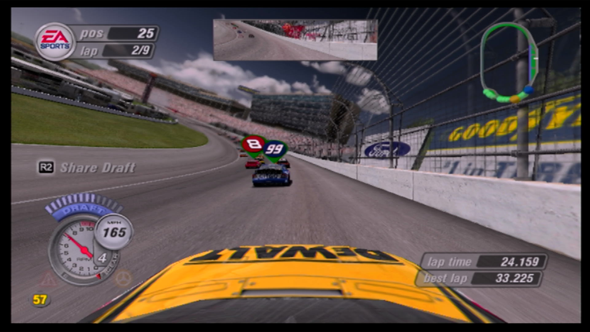 In the middle of a race in NASCAR Thunder 2004, using the roof camera on Matt Kenseth's yellow and black Dewalt Ford. There is a gaggle of cars ahead as we exit turn 4 at Atlanta Motor Speedway, with green bubbles above the 8 and 99 cars to denote they are allies on track.