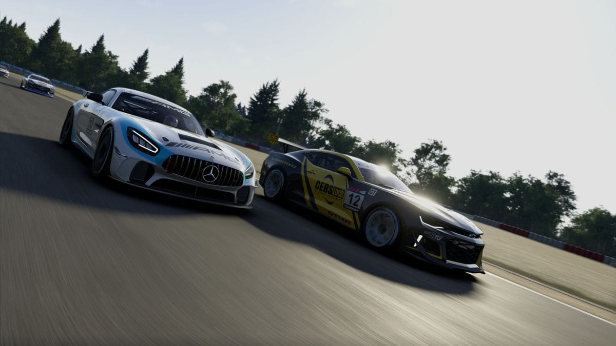 A Mercedes-Benz AMG GT4 and a Chevrolet Camaro GT4 go side by side on a straight away. It is a screenshot from Project Motor Racing.