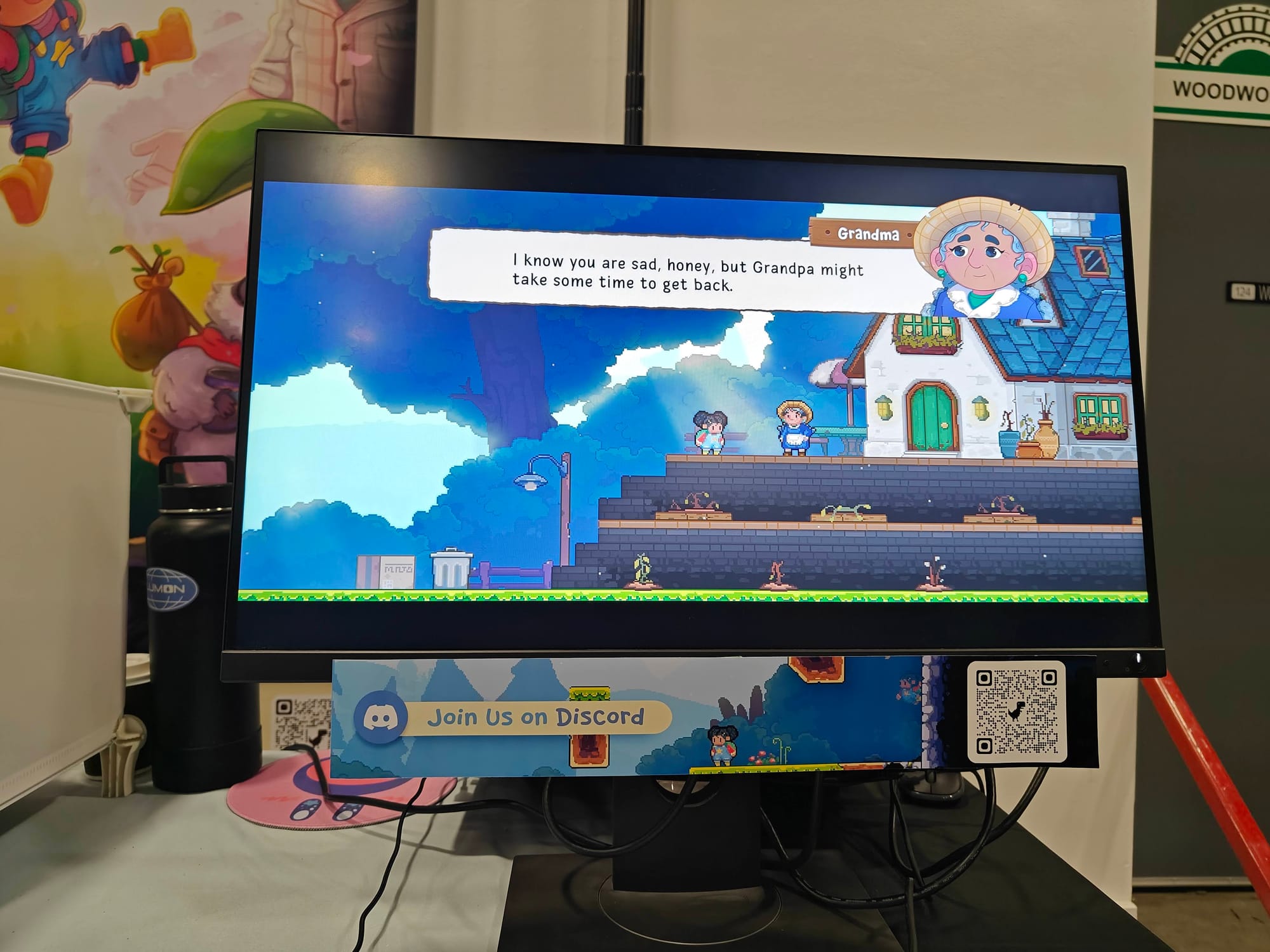 A dialogue screen in Thrive where Grandma is trying to console her granddaughter Sophia about Grandpa not being at the house.