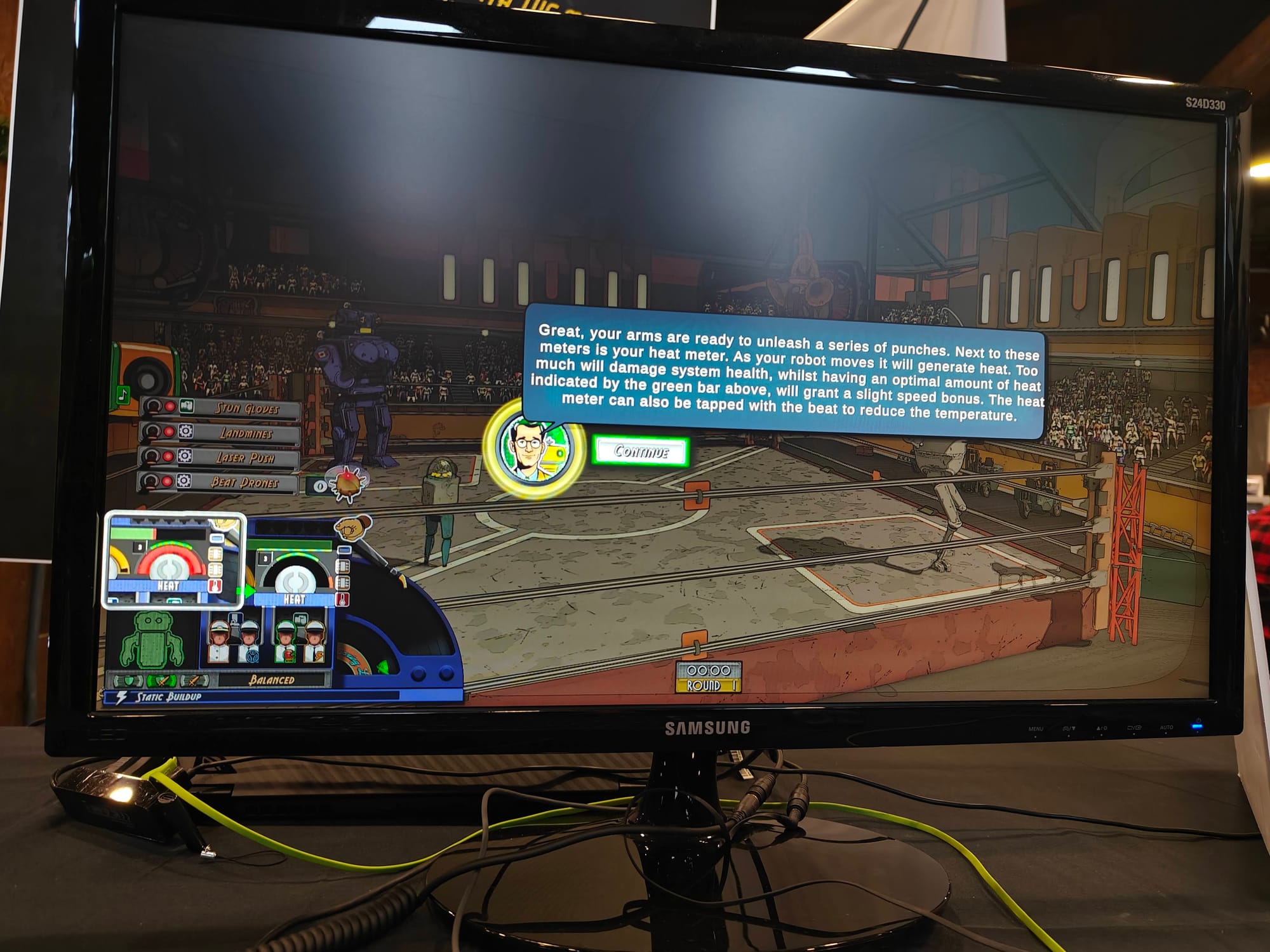 One of the tutorial explainers in Electro Bop Boxing League, where a old timey announcer is talking about the heat meter you have to manage to maintain optimal operating of your robot.