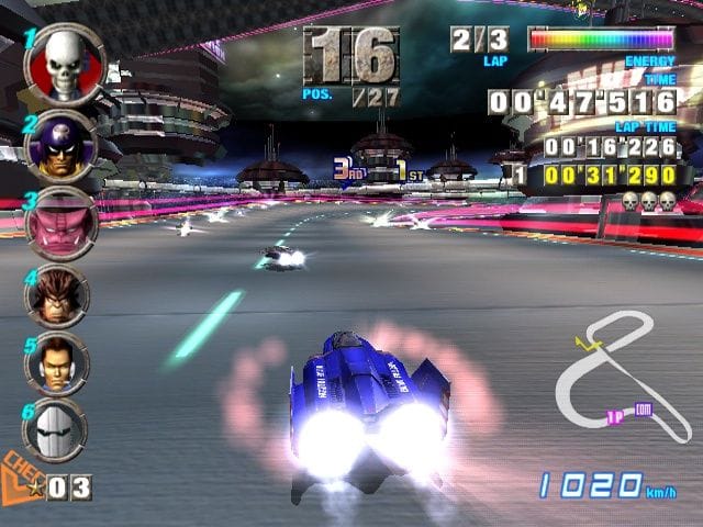 A screenshot of F-Zero GX where the Blue Falcon anti-gracity craft is coming out of a spin attack, with the pink attack glow still emanating from around the craft.