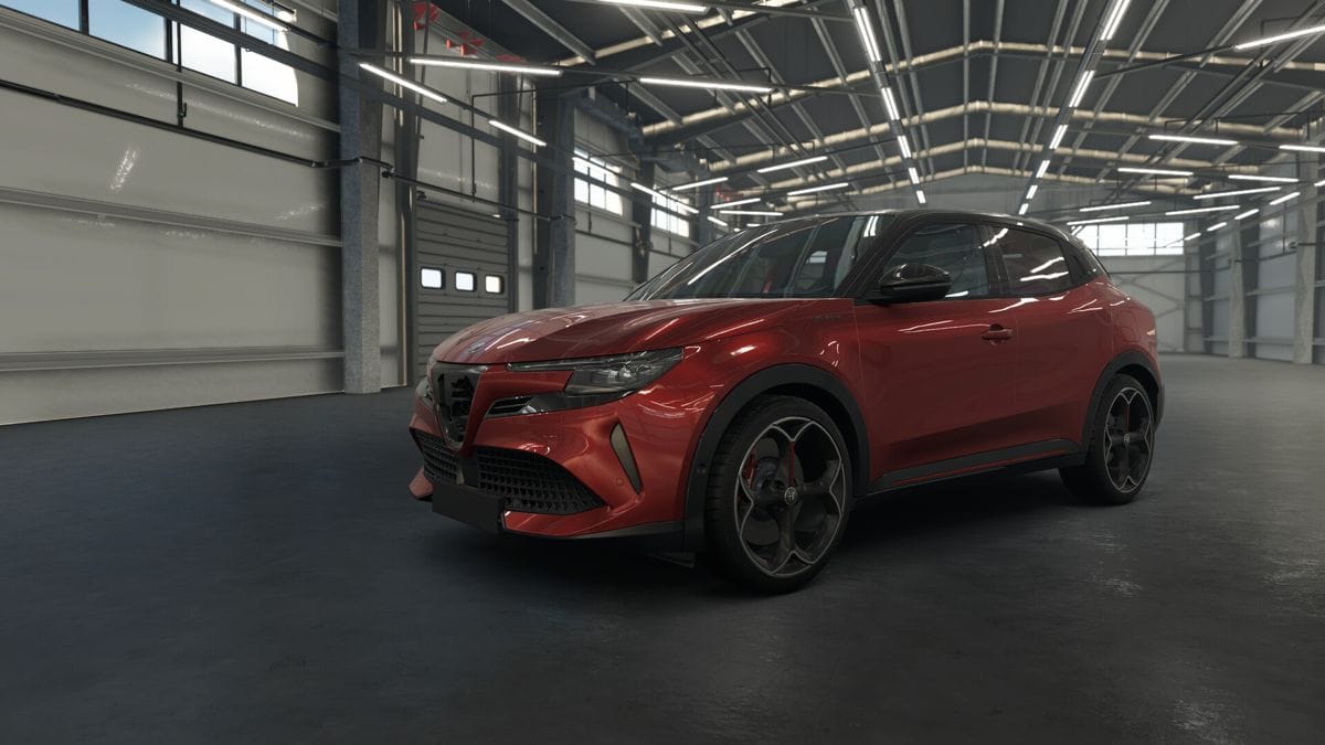A red Alfa Romeo Junior SUV in a empty pre-fabricated metal garage. It is a screenshot of Assetto Corsa EVO.
