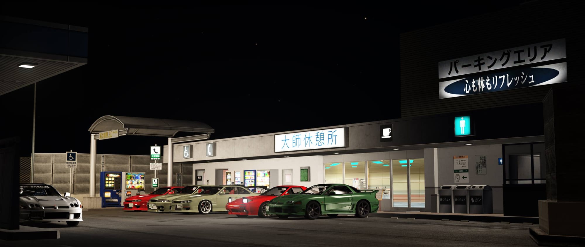 Six modified road cars parked at a Japanese highway parking area in the middle of the night. It is a screenshot from the Shutoko Revival Project mod for Assetto Corsa.