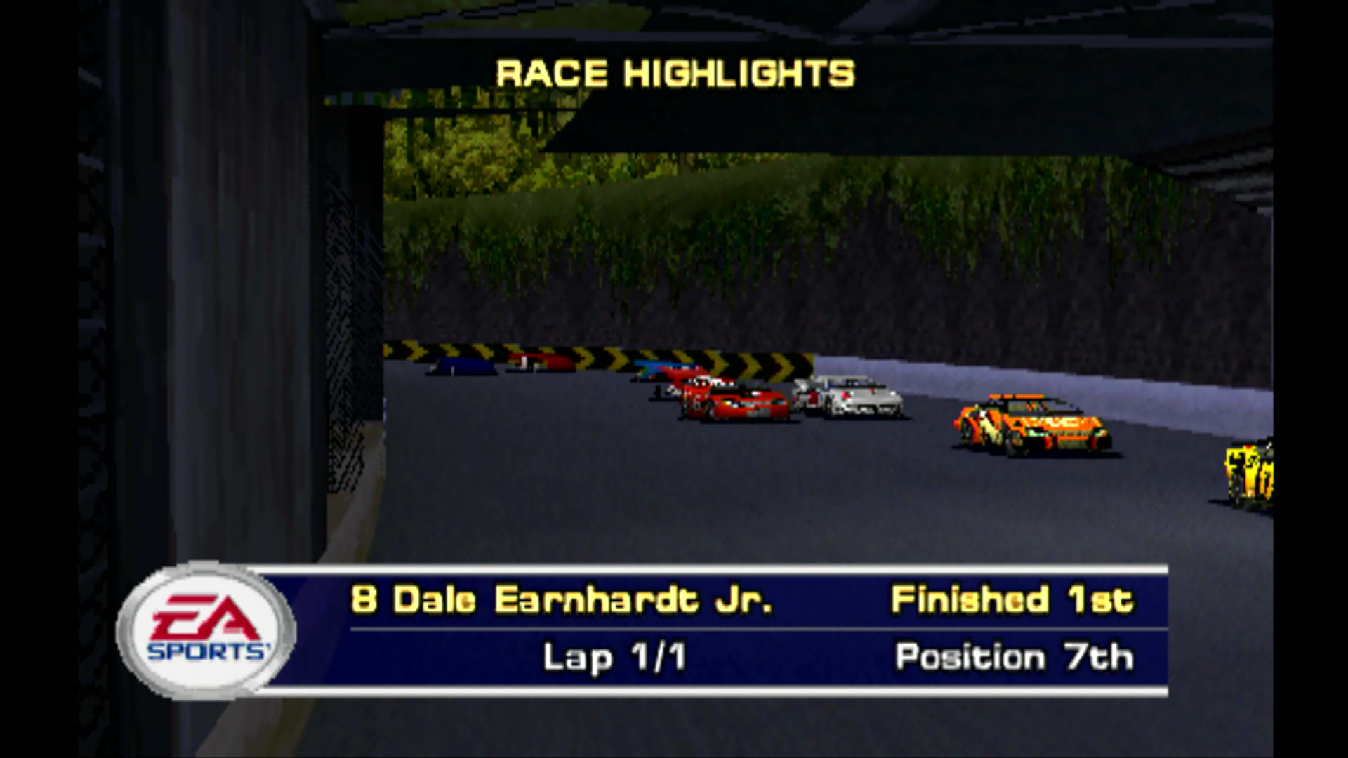 A race highlights replay focusing on Dale Earnhardt Jr. entering a tunnel, while battling Sterling Marlin for 7th position.