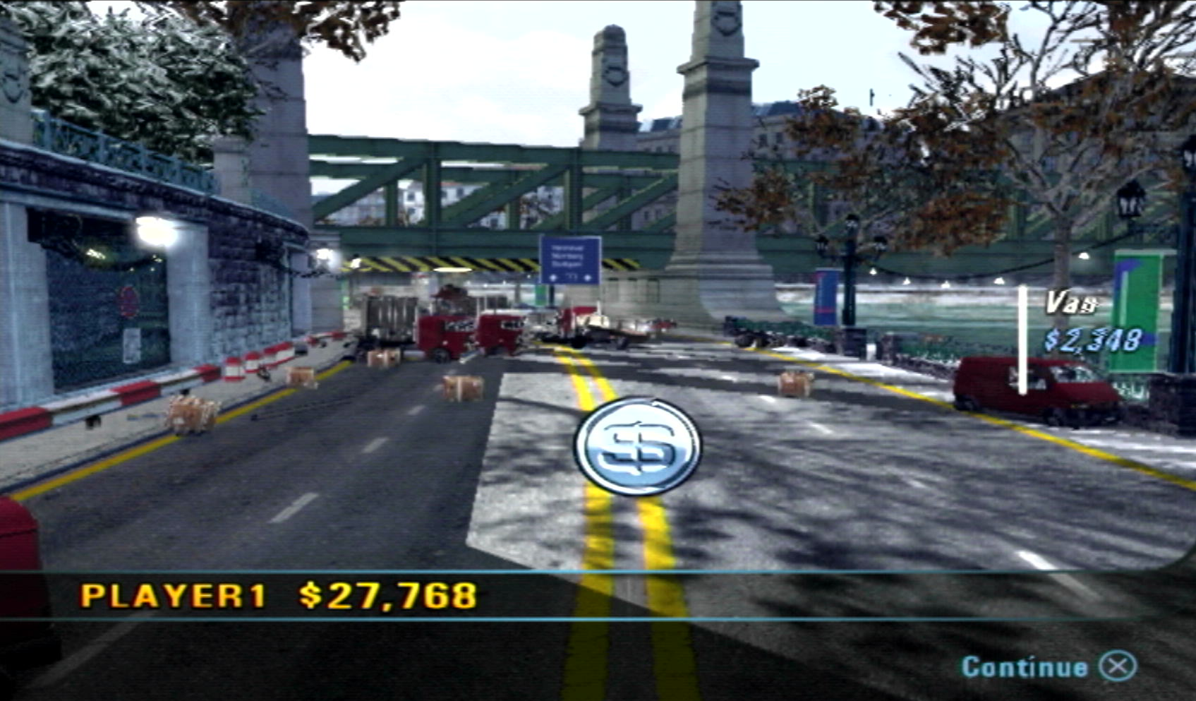 The post crash carnage from a crash junction, as the game counts of the damage from a crash event at Winter City in Burnout 3: Takedown..