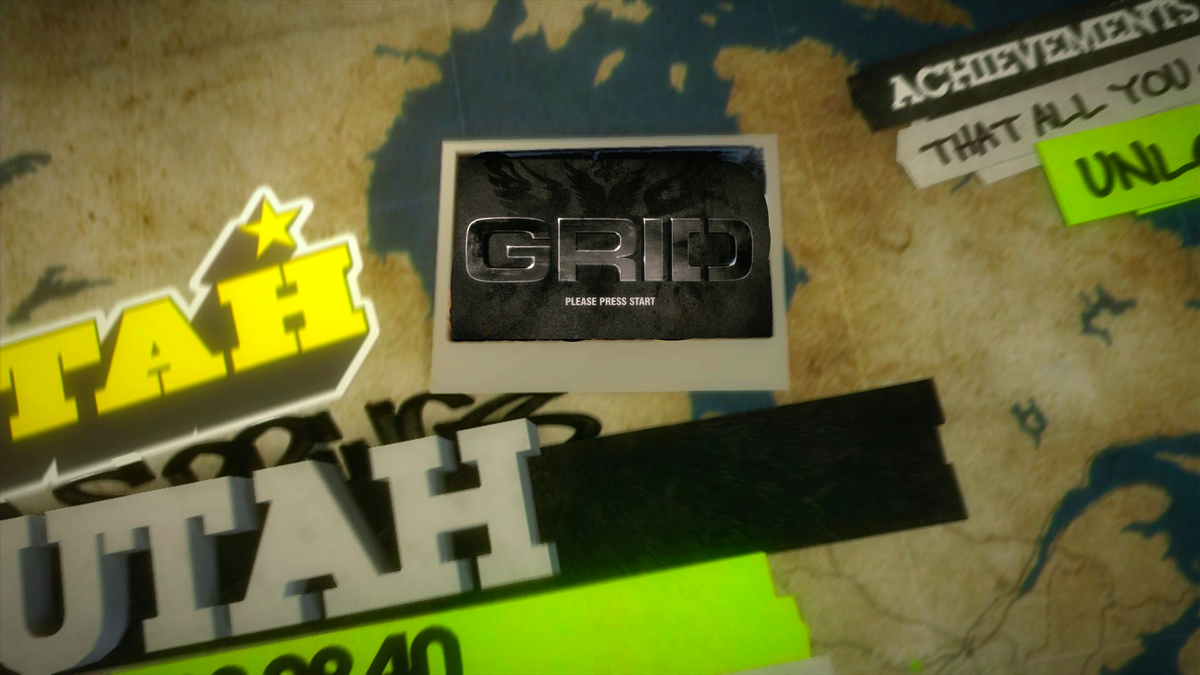 A loading screen from DiRT 2 that gives event details, with a polaroid snapshot of the next race location replaced with the GRiD title screen