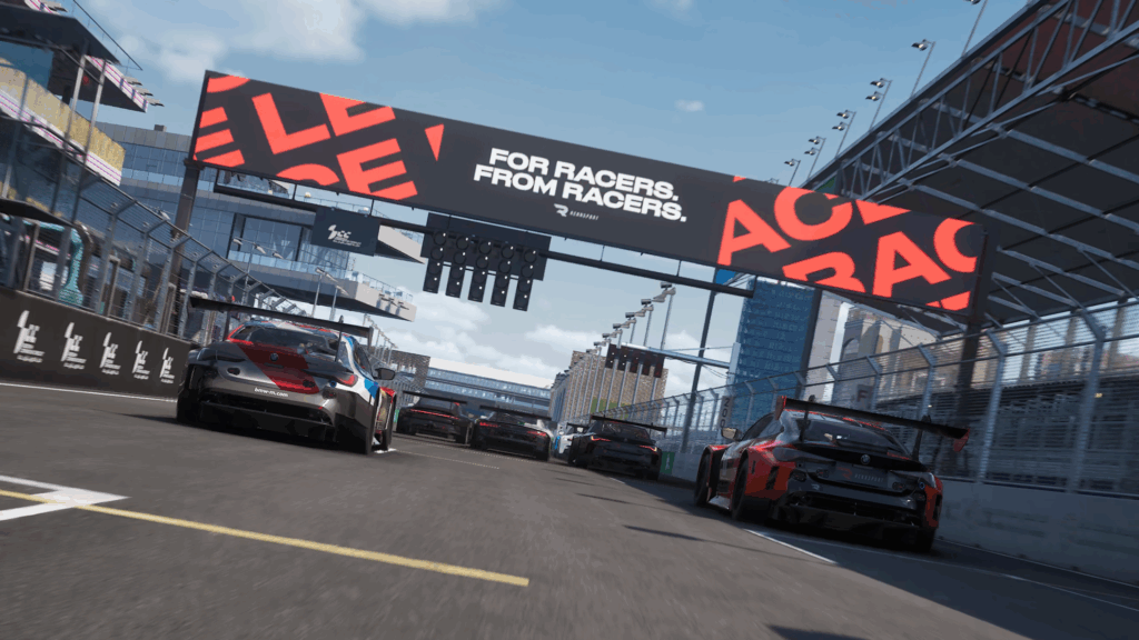 A from behind look at the start of a race featuring five GT3 cars at the Jeddah Corniche Circuit. The start/finish banner says For Racers, From Racers.