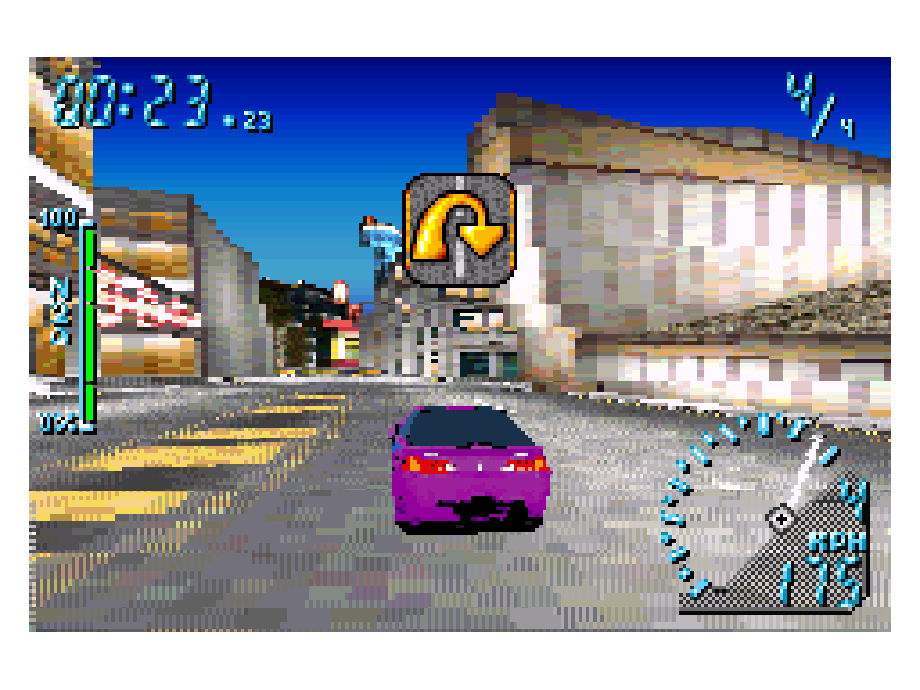 A purple Acura RSX driving on a sprint track in Need For Speed Underground for the Gameboy Advance, with the turn around sign on the screen because of going the wrong way.