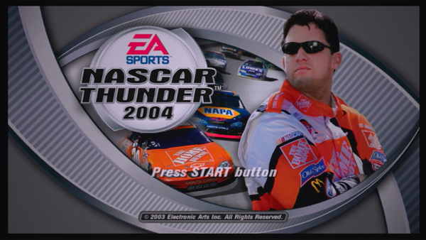 The start menu for NASCAR Thunder 2004, with Tony Stewart doing a cool guy pose while in his white and orange Home Depot race suit.