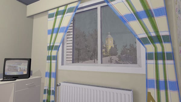 We are in a bedroom looking out at a snowy countryside with a chapel in the distance. The drab, yellow room has a small CRT tv on a desk in the corner.