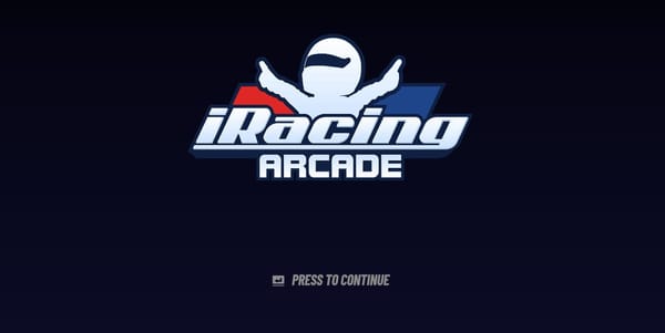 The title screen to iRacing Arcade. It has the iRacing Arcade logo, featuring a chibi version of the celebration pose, set to a dark blue background.