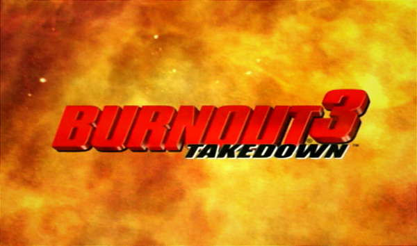 The end of the opening trailer to Burnout 3 Takedown, with the logo set to a background of fire.